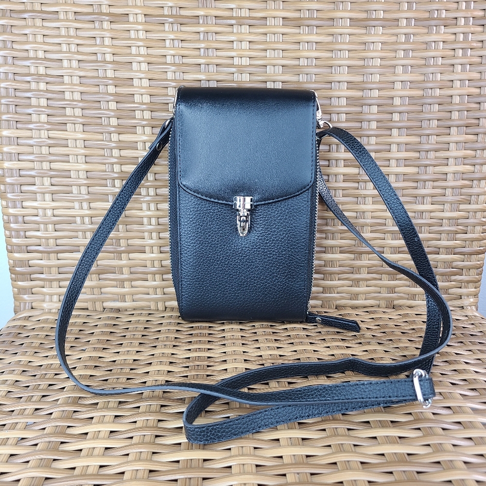 Perlvin Alinne Small Black Leather Crossbody Bag Wallet Purse Cell Phone Rfid